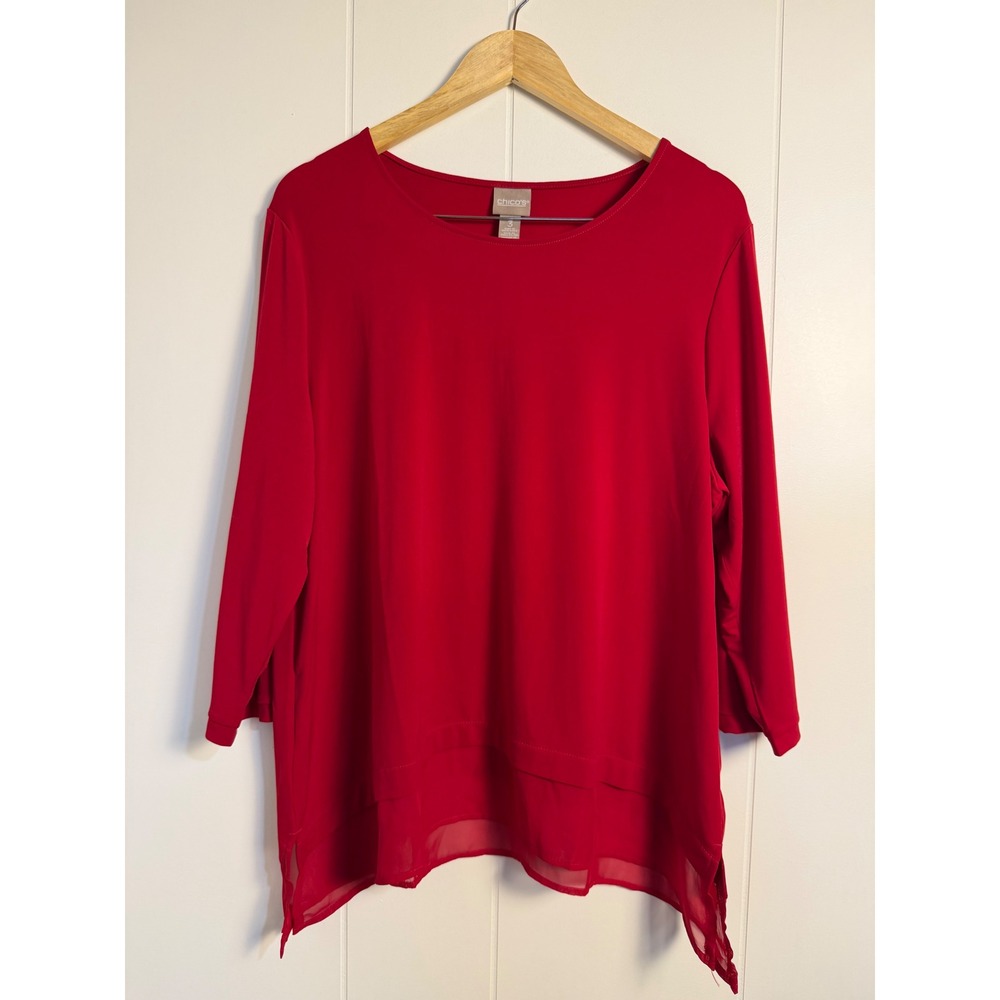 Chico's Blouse 3 Red Layered Chiffon Hem 3/4 Sleeve Round Neck 16 XL